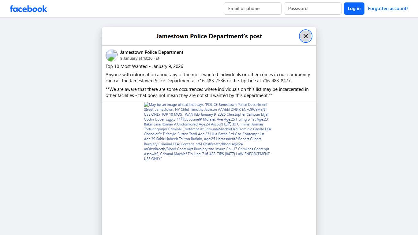 Top 10 Most Wanted - January... - Jamestown Police Department Facebook